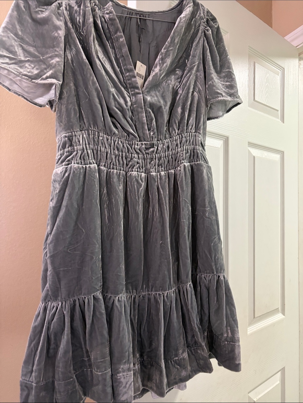 Anthropologie Velvet V-Neck Tiered Dress in Dusty Blue-Gray